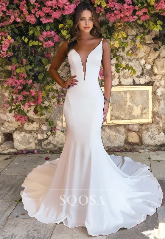 Ball gown dress – Formal, full-skirted dress often worn for weddings, proms, or galas.Ball gown dress – Formal, full-skirted dress often worn for weddings, proms, or galas.Deep V-Neck Straps Mermaid Satin Wedding Dress Trumpet with Train Bridal Dress