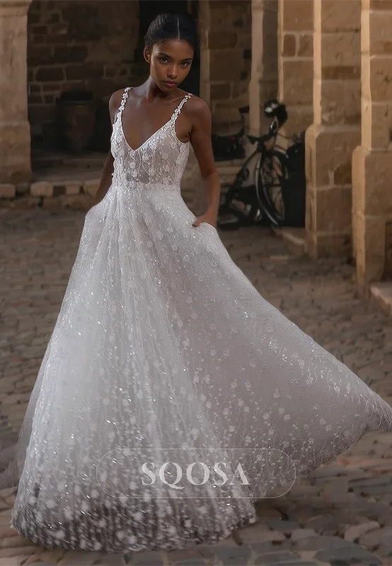 Midi dress – Dress that falls to the mid-calf, giving a balanced, modest, yet stylish appearance.Midi dress – Dress that falls to the mid-calf, giving a balanced, modest, yet stylish appearance.V-Neck Spaghetti Straps Sleeveless Allover Glitter Lace A-Line Wedding Dress with Sweep Train