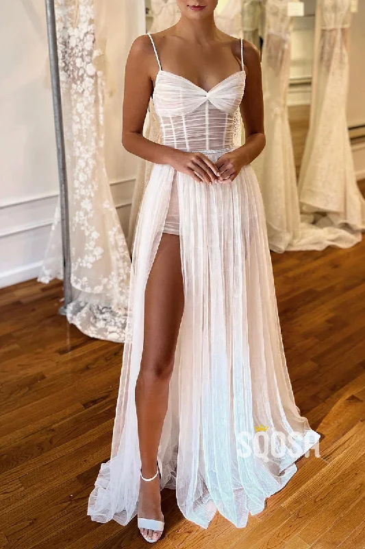 Sundress – Light, sleeveless dress typically worn in warm weather, often made from cotton or linen.Sundress – Light, sleeveless dress typically worn in warm weather, often made from cotton or linen.Spgahetti Straps Pleats High Split Bohemian Wedding Dress QW0851