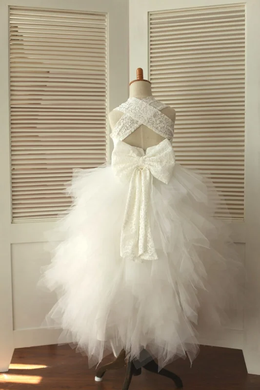 Off-the-shoulder dress – Dress with sleeves or straps that sit below the shoulders, exposing the upper arms.Cross Back Ivory Lace Ruffle Tulle Skirt Flower Girl Dress, big bow