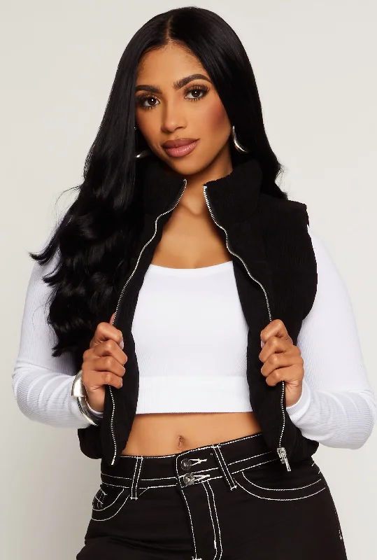 women's waistcoats with lacewomen's waistcoats with laceCorduroy Zip Front Cropped Puffer Vest