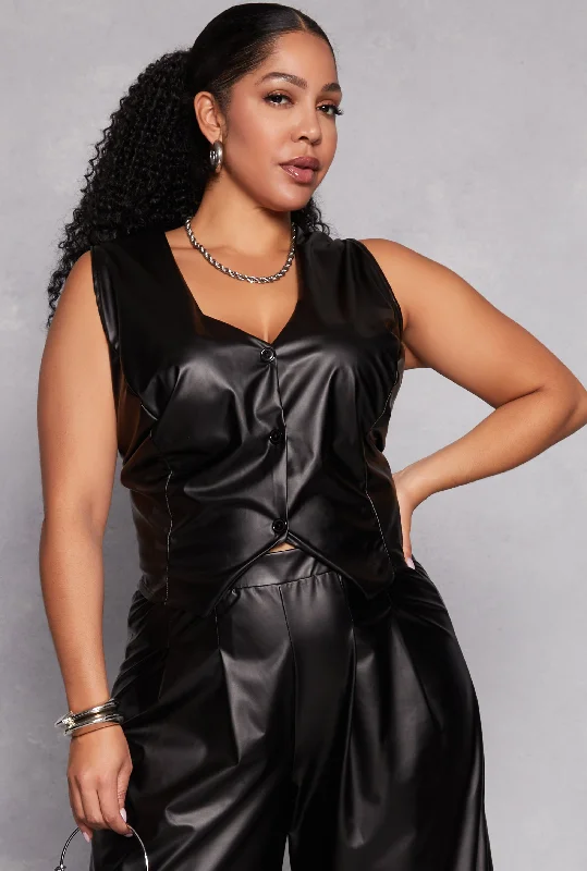 women's waistcoats with low collarswomen's waistcoats with low collarsPlus Size Faux Leather Vest