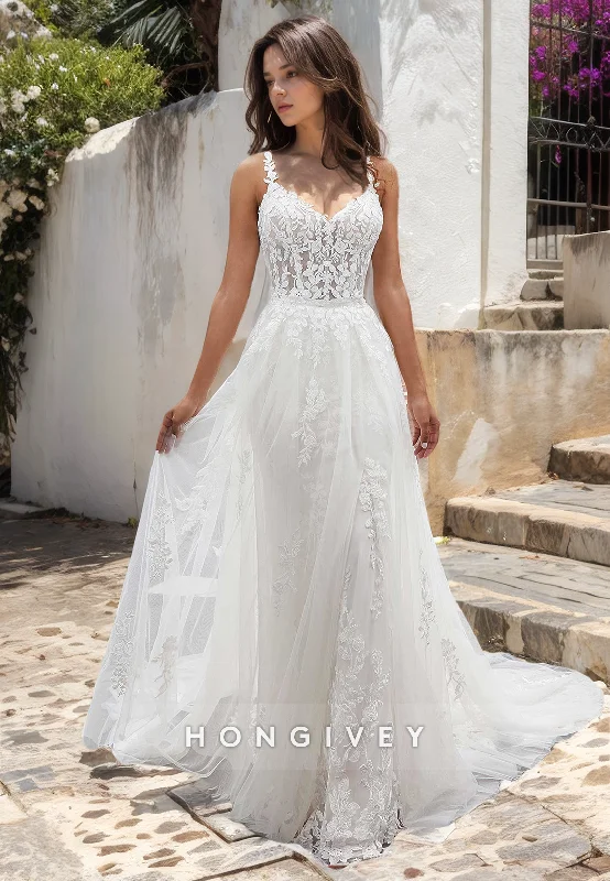 Lace dress – Dress made with lace fabric, often delicate and romantic, suitable for special occasions.H0835 - Sheer Floral Embroidered Lace  Mermaid With Overskirt And Tulle Train Pricess Wedding Dress