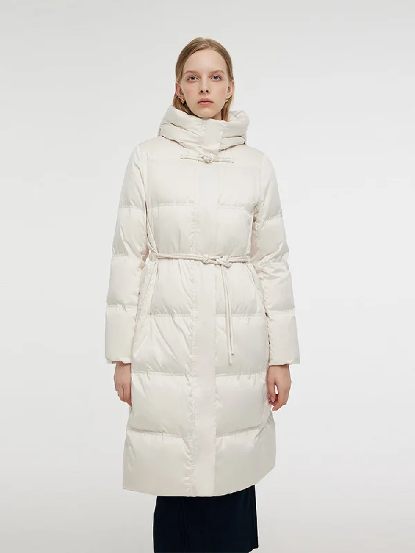 Padded – With extra filling for warmthPadded – With extra filling for warmthGathered Waist Hooded Long Goose Down Coat