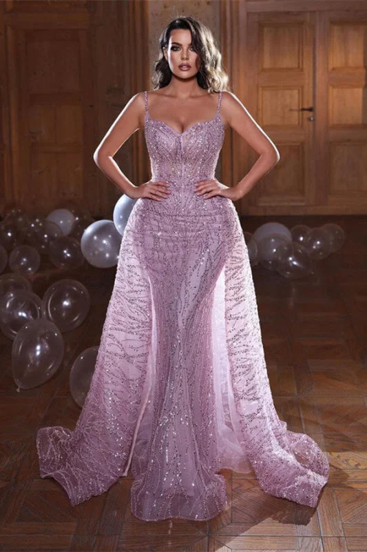 A-line dress – Dress that is fitted at the top and gradually flares out, creating an A-shape silhouette.Glistening Spaghetti-Straps Mermaid Evening Dress with Overskirt Sleeveless Available Online