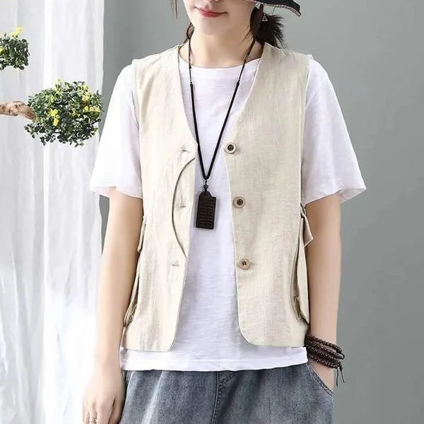 women's waistcoats with pockets on the chestwomen's waistcoats with pockets on the chestKorean Style Vintage V-neck Single Breasted Loose Casual Female Cotton Linen Vest Coats