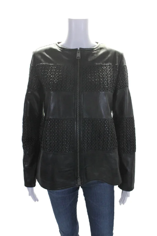 Herringbone – A distinct V-shaped woven patternHerringbone – A distinct V-shaped woven patternNatto Women's Round Neck Long Sleeves Full Zip Leather Jacket Black