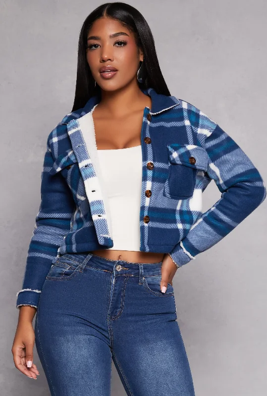 Oversized – Loose, relaxed fitOversized – Loose, relaxed fitPlaid Sherpa Lined Cropped Button Front Shacket