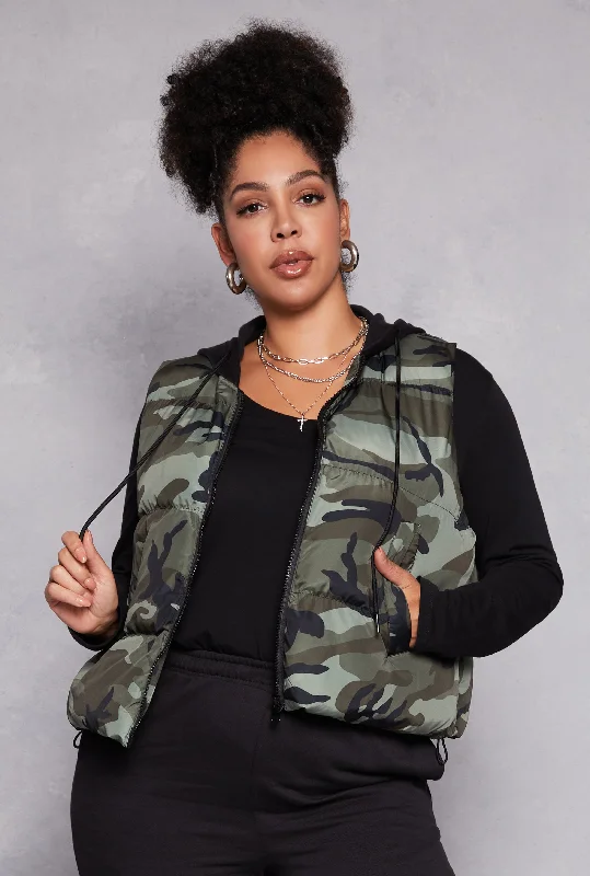 women's waistcoats with pockets on the sideswomen's waistcoats with pockets on the sidesPlus Size Almost Famous Patterned Hooded Puffer Vest