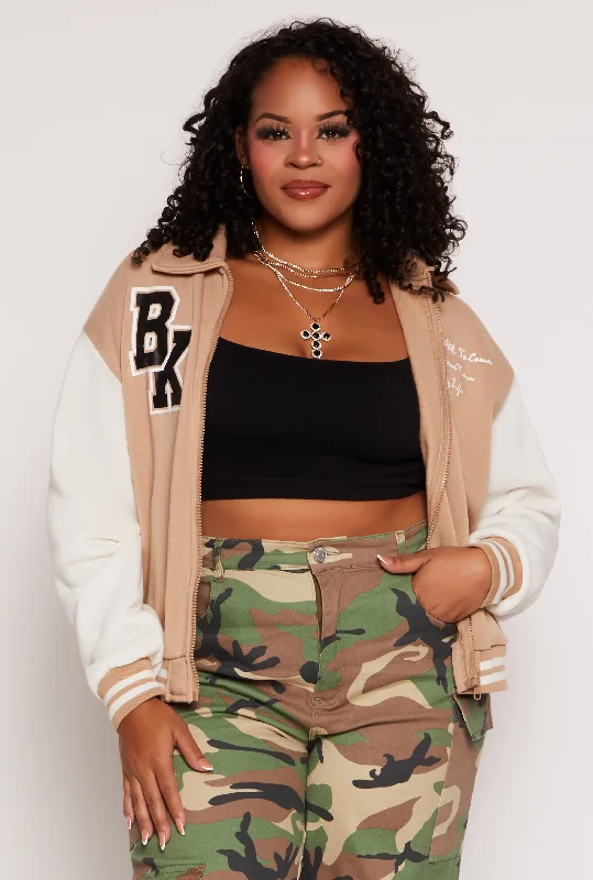 Slim fit – Tailored fit, form-fittingSlim fit – Tailored fit, form-fittingPlus Size BK Graphic Zip Front Letterman Jacket