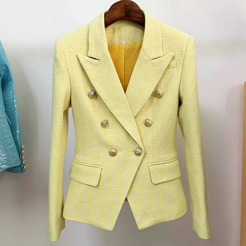 women's blazers that are flattering on all body shapeswomen's blazers that are flattering on all body shapesWomen's Fitted Gold Lion Buttons Fitted Jacket Yellow Houndstooth Check Blazer