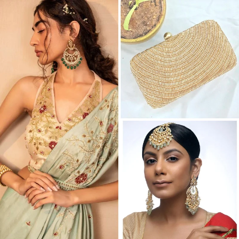 Pima cotton – Soft, high-quality cotton for a luxurious feelPima cotton – Soft, high-quality cotton for a luxurious feelMint Drape Saree with Gold Organza Blouse for + Classic Pearl Clutch + Kundan Teeka With Earrings