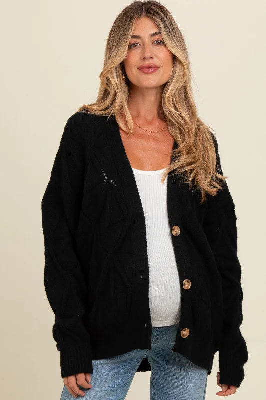 Cropped – Shortened length, above the waistCropped – Shortened length, above the waistBlack Textured Button Up Sweater Maternity Cardigan Cropped – Shortened length, above the waistCropped – Shortened length, above the waistBlack Textured Button Up Sweater Maternity Cardigan